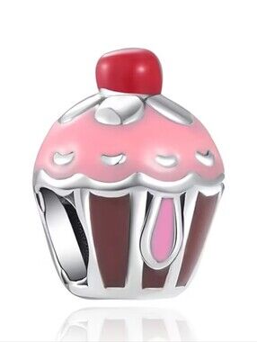 Cupcake Charm Bead with Pink Frosting and Red Cherry